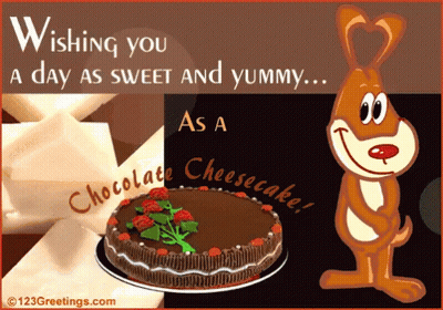 A Cartoon Rabbit Is Holding A Chocolate Cheesecake With The Words Wishing You A Day As Sweet And Yummy GIF