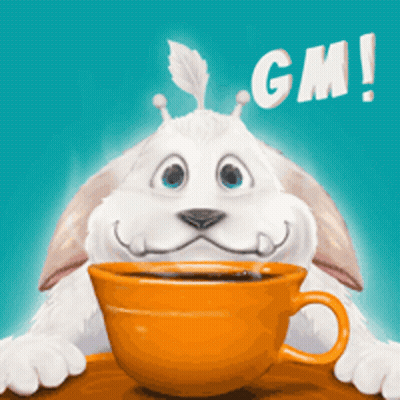 A Cartoon Rabbit Is Holding A Cup Of Coffee With The Word Gm Above It GIF