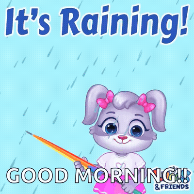 A Cartoon Rabbit Is Holding A Rainbow Colored Umbrella In The Rain And Says It 'S Raining ! GIF
