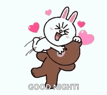 A Cartoon Rabbit Is Holding A Teddy Bear In Her Arms Surrounded By Pink Hearts . GIF