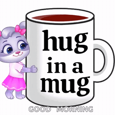 A Cartoon Rabbit Is Hugging A Coffee Mug That Says Hug In A Mug . GIF