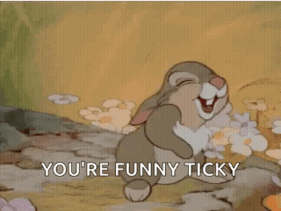 A Cartoon Rabbit Is Laughing With Its Mouth Open And The Words `` You 'Re Funny Tickly '' . GIF