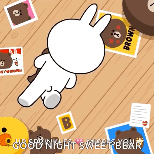 A Cartoon Rabbit Is Laying On A Wooden Floor With Pictures Of Brown Bears And The Words Good Night Sweet Bear GIF