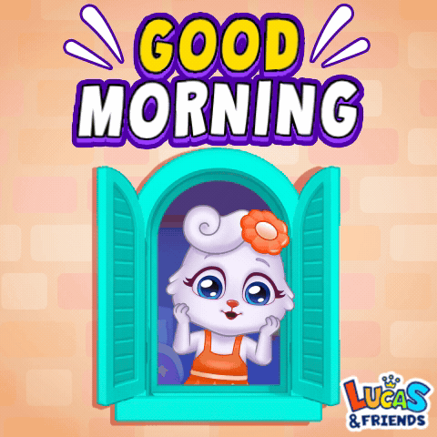A Cartoon Rabbit Is Looking Out A Window With The Words Good Morning Lucas & Friends Below It GIF