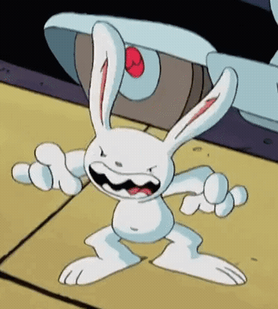 A Cartoon Rabbit Is Making A Funny Face And Pointing At Something . GIF