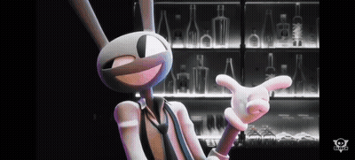 A Cartoon Rabbit Is Pointing At Something In Front Of A Bar . GIF