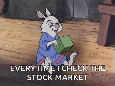 A Cartoon Rabbit Is Sitting On The Floor Holding A Green Box And Saying `` Everytime I Check The Stock Market '' . GIF