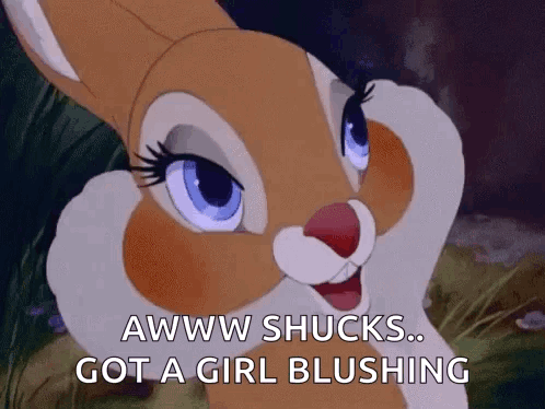 A Cartoon Rabbit Is Smiling And Says Awww Shucks Got A Girl Blushing GIF