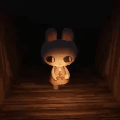 A Cartoon Rabbit Is Standing In A Dark Room Holding A Lamp . GIF