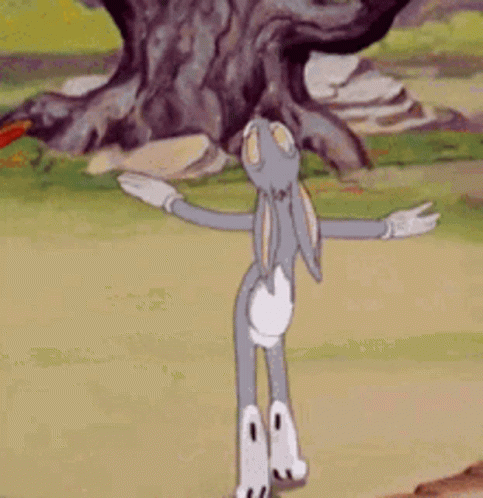 A Cartoon Rabbit Is Standing In Front Of A Tree With His Arms Outstretched . GIF
