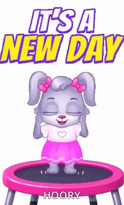 A Cartoon Rabbit Is Standing On A Pink Trampoline And Says It 'S A New Day GIF