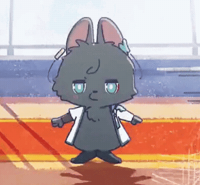 A Cartoon Rabbit Is Standing On A Red Carpet Wearing A White Coat And Headphones . GIF