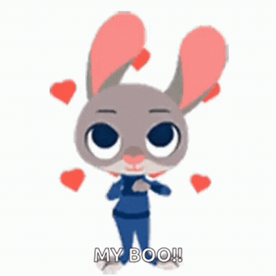 A Cartoon Rabbit Is Surrounded By Hearts And Has The Words `` My Boo '' Written On It . GIF