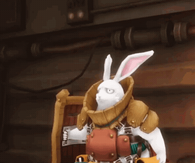 A Cartoon Rabbit Is Wearing A Wooden Bucket On Its Head GIF