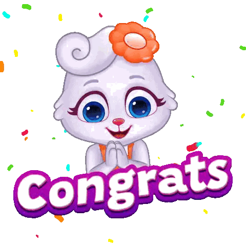 A Cartoon Rabbit With A Flower In Her Hair And The Words Congrats Behind Her Sticker