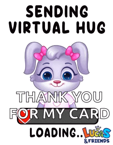 A Cartoon Rabbit With A Pink Bow On Her Head Is Saying Thank You For My Card Loading ... Lucas & Friends . GIF