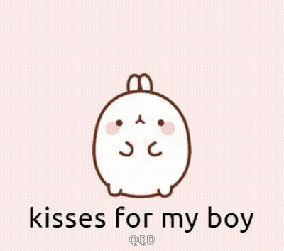 A Cartoon Rabbit With Two Hearts On Its Head And The Words `` Kisses For My Boy '' Written Below It . GIF