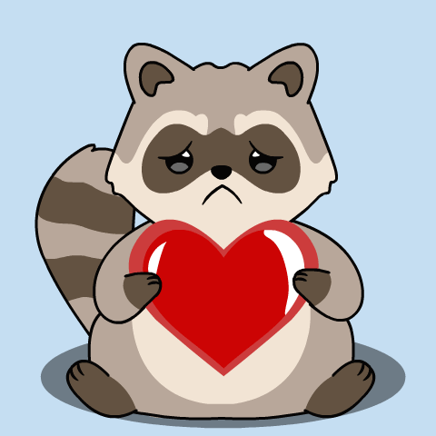 A Cartoon Raccoon Is Holding A Red Heart With A Sad Look On Its Face GIF