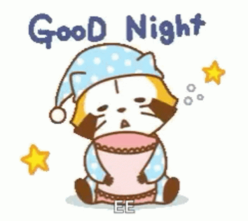 A Cartoon Raccoon Is Sitting On A Pillow And Holding A Cup And Saying `` Good Night '' . GIF
