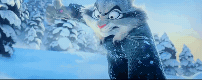 A Cartoon Raccoon Is Standing In The Snow Looking At The Camera . GIF