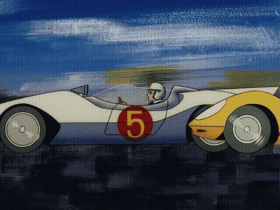 A Cartoon Race Car With The Number 5 On The Side GIF