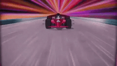 A Cartoon Racing Car Is Driving Down A Road With A Purple Background . GIF