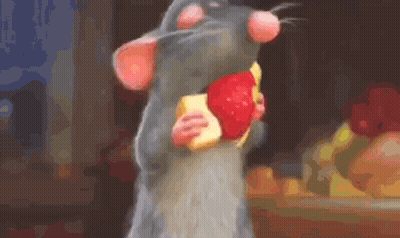 A Cartoon Rat Is Eating A Piece Of Cheese And A Strawberry . GIF
