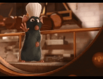 A Cartoon Rat Wearing A Chef 'S Hat Is Standing On A Balcony GIF
