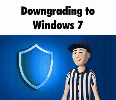 A Cartoon Referee Stands In Front Of A Shield With The Words Downgrading To Windows 7 GIF