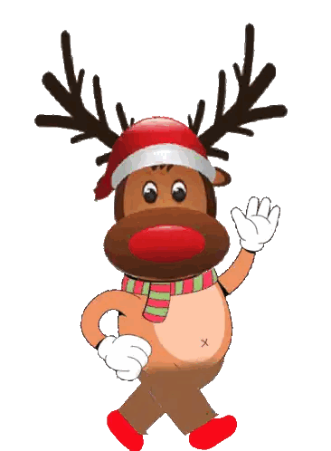 A Cartoon Reindeer Wearing A Santa Hat And Scarf Waving Sticker
