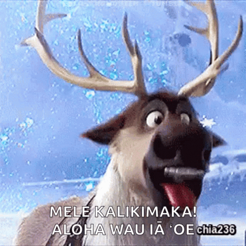 A Cartoon Reindeer With Its Tongue Out And The Words Mele Kalikimaka Aloha Wau Ia Oe Chia236 GIF