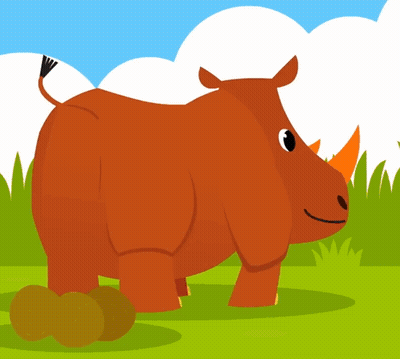 A Cartoon Rhino Is Standing In A Grassy Field With Its Mouth Open GIF