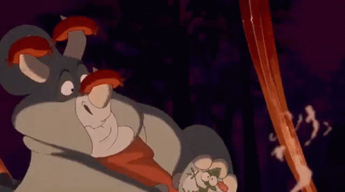 A Cartoon Rhinoceros Is Holding A Stick In His Paws And Smiling . GIF