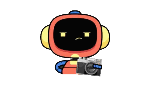 A Cartoon Robot Is Holding A Camera With A Sad Face On His Face Sticker