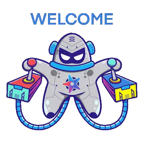 A Cartoon Robot Is Holding A Pair Of Joysticks And The Word Welcome Is Below It Sticker