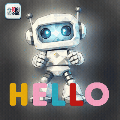 A Cartoon Robot Is Standing In Front Of A Sign That Says Hello GIF