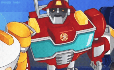 A Cartoon Robot Is Wearing A Fireman 'S Hat And Standing Next To Other Robots . GIF