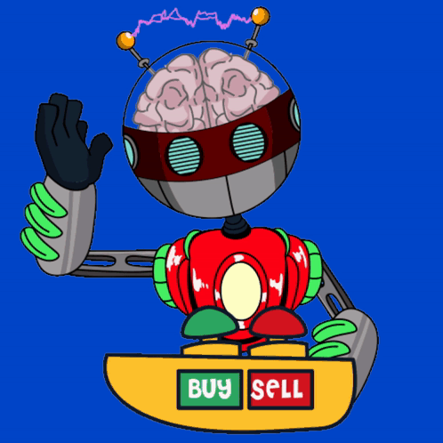 A Cartoon Robot With A Brain On His Head Holds A Sign That Says Buy And Sell GIF
