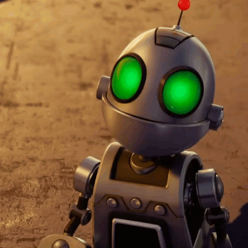 A Cartoon Robot With Green Eyes And A Red Top GIF
