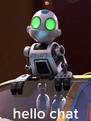A Cartoon Robot With Green Eyes Is Sitting On A Table And Says Hello Chat GIF