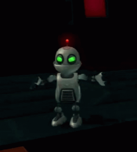 A Cartoon Robot With Green Eyes Is Standing In A Dark Room With A Red Light In The Background . GIF
