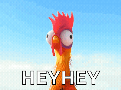 A Cartoon Rooster With Big Eyes And The Words Hey Hey Below It GIF