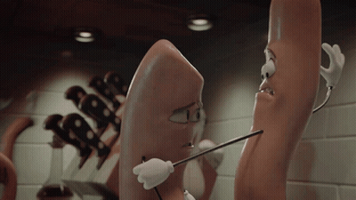 A Cartoon Sausage Is Holding A Knife To Its Mouth GIF