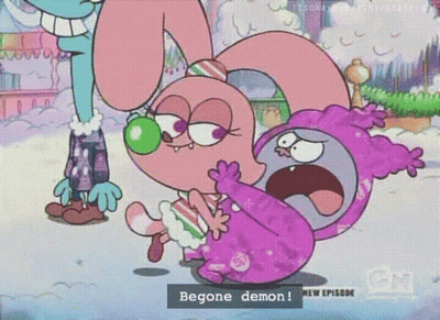 A Cartoon Says Begone Demon In The Upper Right Corner GIF