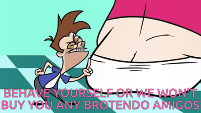 A Cartoon Says Behave Yourself Or We Won 'T Buy You Any Brotendo Amigos On The Bottom GIF