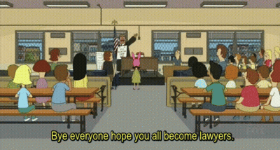 A Cartoon Says Bye Everyone Hope You All Become Lawyers In The Corner GIF
