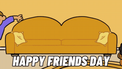 A Cartoon Says Happy Friends Day With A Couch GIF