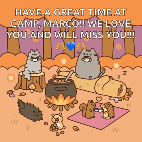 A Cartoon Says Have A Great Time At Camp Marco !! We Love You And Will Miss You !! GIF