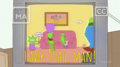 A Cartoon Says Hawk Tuah Man On The Screen GIF