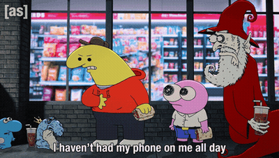A Cartoon Says I Haven 'T Had My Phone On Me All Day In Front Of A Store GIF
